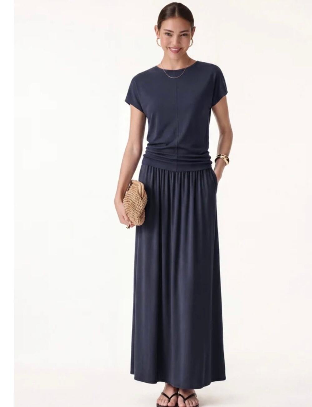 OGL Tencel Linen 2Pc Maxi Skirt Set Round Neck Top Pockets Navy XS New